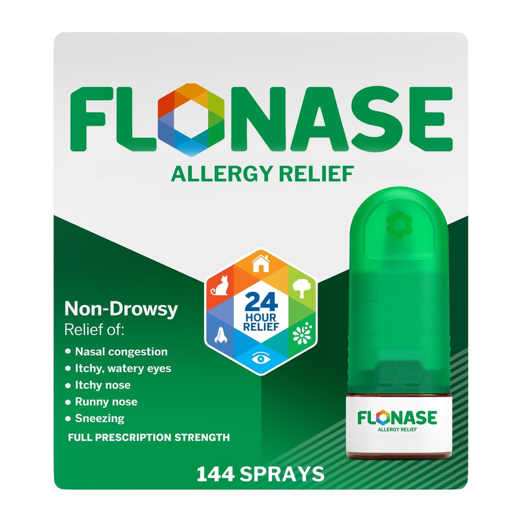 Flonase Alergická úľava nosový sprej, 24 hodín Non Drowsy Alergy Medicine, Meraný nosový sprej - 144 Sprays- jeseň a sezónna Alergická úľava