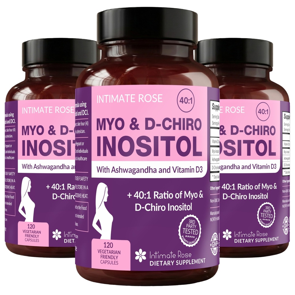 Intimate Rose Myo-Inositol & D-Chiro Inozitol Blend - 40:1 Blend Ratio - Denná podpora ženského wellness - Vitamín D & Ashwagandha, 3 fľaše