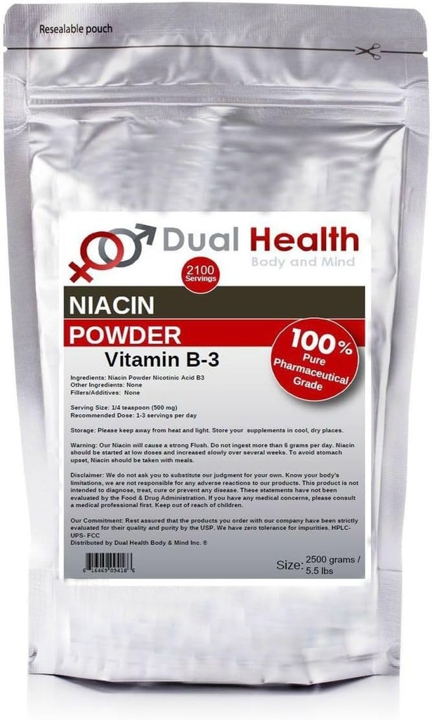 Niacín prášok (5,5 lbs - 2,5 kilogramu) Vitamín B3 hromadný doplnok Okamžité uvoľnenie s Flush Nicotinová kyselina non-GMO, Vegan, Gluten voľný rýchle vstrebávanie žiadne výplne, prísady, kovy