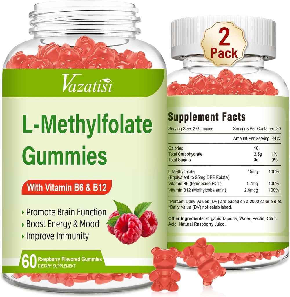 L-metylfolát 15 mg Gummy s metylom B12, Folate Supplement for Mood, Brain Health, Immune Support, Malinová príchuť, 120 Počet