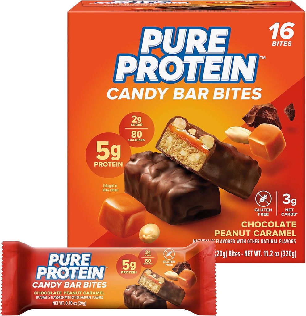 Čistý proteín Candy Bar Bites, Čokoláda Arašidový karamel, 5g Proteín, Gluten Free, Nízky cukor, 0,70 oz, 16 Balenie (Backaging May Vary)
