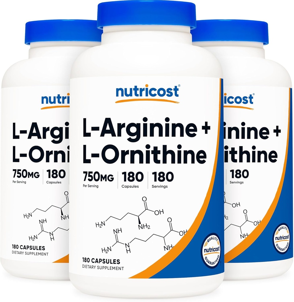 Nutricost L-arginín L-ornitín 750 mg; 180 kapsúl (3 fľaše)