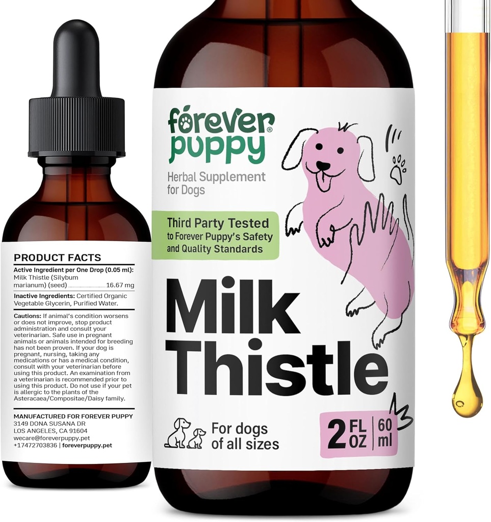 Forever Puppy Milk Thitle Supplement for Psy - Pečeň podpora pre psy s mliekom Thitle extrakt - Silymarin Doplnky a vitamíny pre malé veľké stredné plemeno - Psie pečeň Detox kvapky - 2 oz