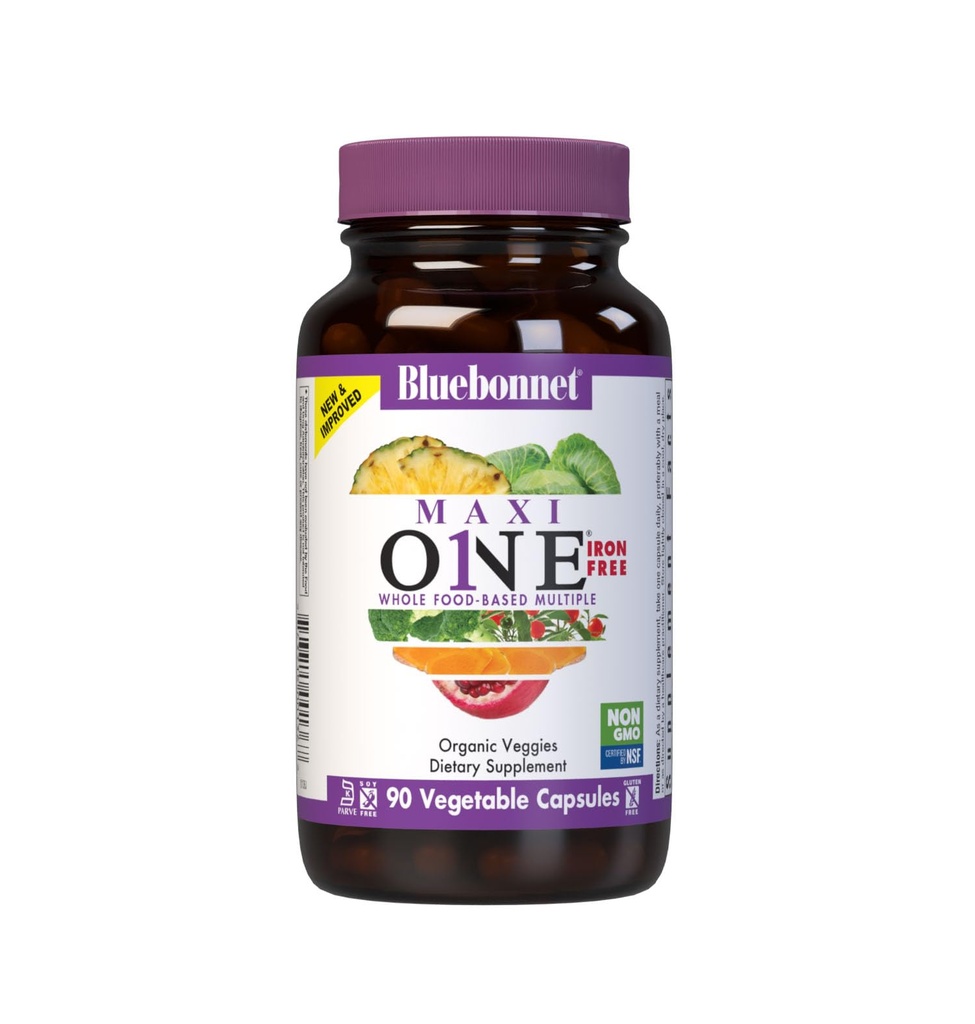 Bluebonnet Nutrition Maxi One (iron-free), Whole Food Multiple, Enzymes, Energy, Vitality, Gluten, Soy & Green Free, Kosher, Vegetarian Friendly, Non-GMO, 90 Count