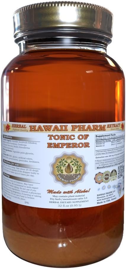 HawaiiPharm Shiitake, Maitake, Cordiceps, Reishi Liquid Extract, Organic Sused Shiitake, Maitake, Cordiceps, Reishi Tincture, Herbal Supplement, Made in USA, 32 fl.oz