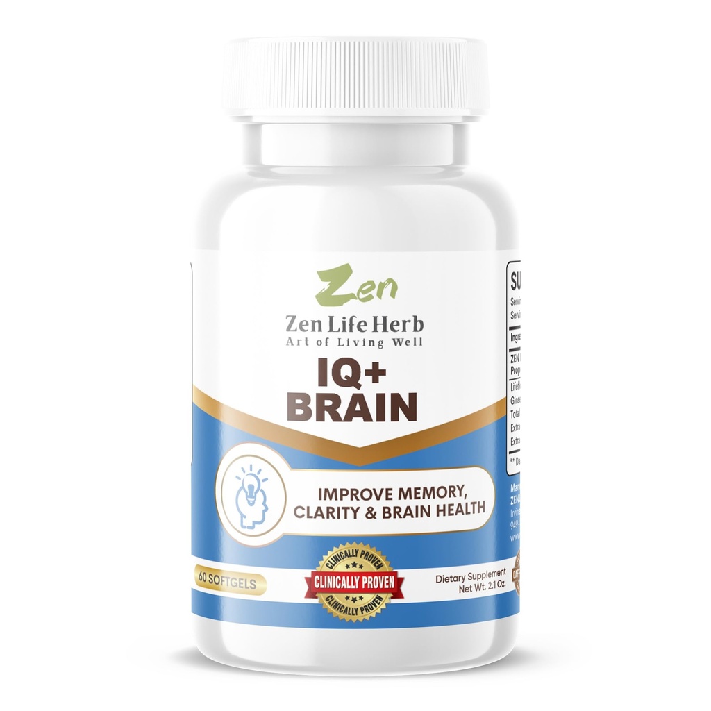 ZEN LIFE HERB IQ+ Mozog - bez kofeínu, klinicky testované zaostrené, koncentrácia, pamäť a energia, prírodné rastliny-založené bylinné doplnky, žiadne pridané vitamíny/minerály/hudba/sugar (60 softgels)