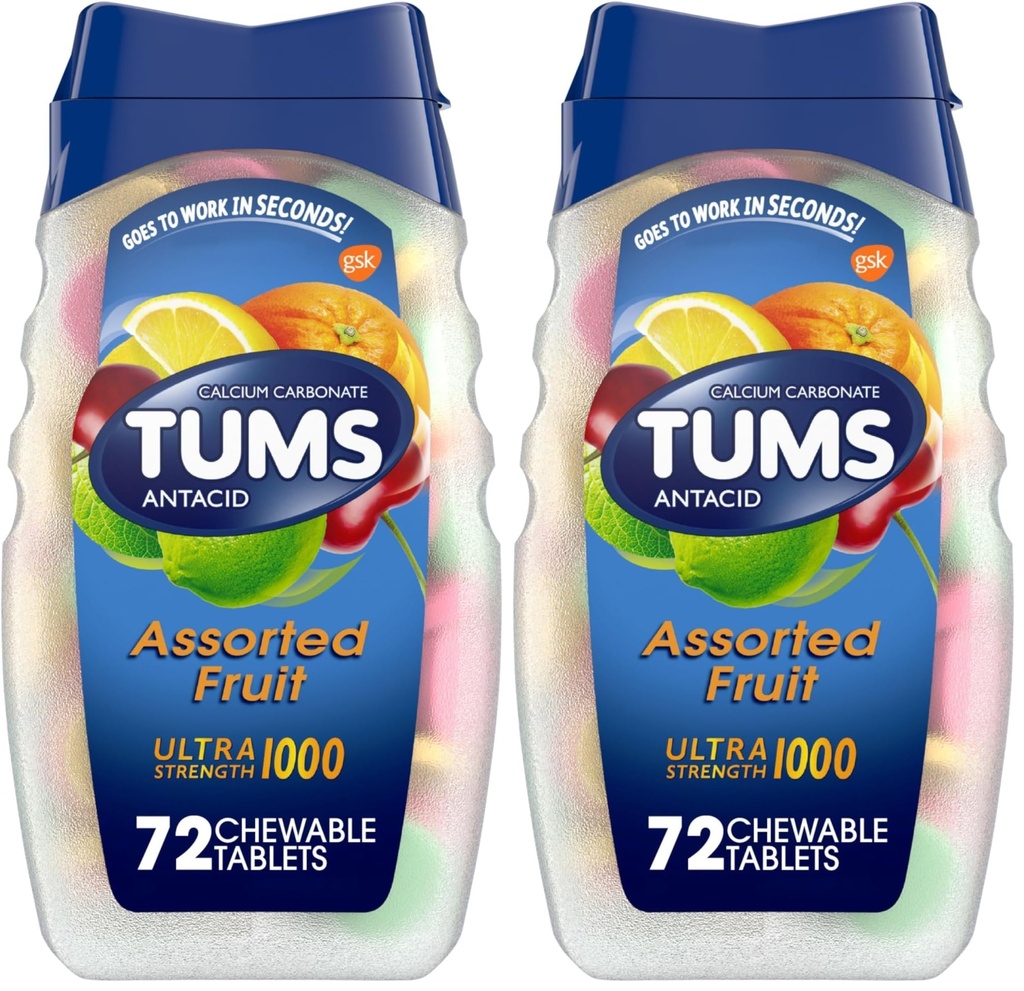 TUMS antacidum Žuvacie tablety na úľavu od pálenia záhy, Ultra sila, rôznorodé ovocie, 72 tabliet (dávka 2)