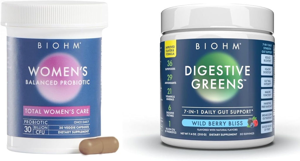 BIOHM Ženské probiotiká 30B CFU & Super Greens/Dids Berry Blast Bundle: Gut & Celková zdravotná podpora, 9 kmeňov, 30-dňová dodávka, bohaté na antioxidanty