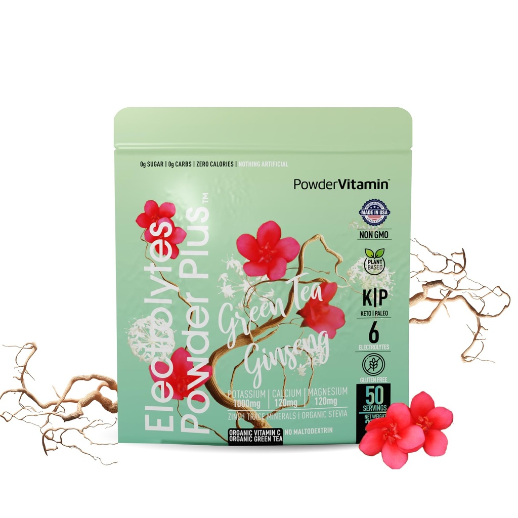 Prášokvitamín Elektrolyty Powder Plus (50 Servings) Zelený čaj Ženšen Elektrolyt Powder Keto, bez cukru, Ružová himalájska soľ, 1000mg Draslík, 120mg Vápnik, 120mg Magnézium, Hydračný prášok