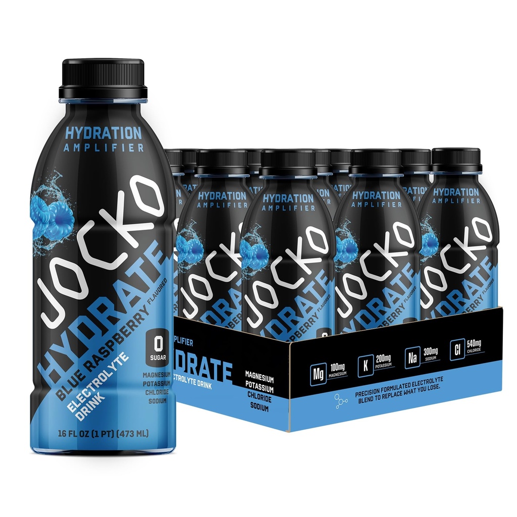 Jocko Fuel Hydrate Electrolyte Nápoje - Športové nápoje Hydratácia zosilňovač, Smäd Quencher - Vedecky formulovaný Electrolyte Blend Modrá Malina 16 Oz (12 balenie)