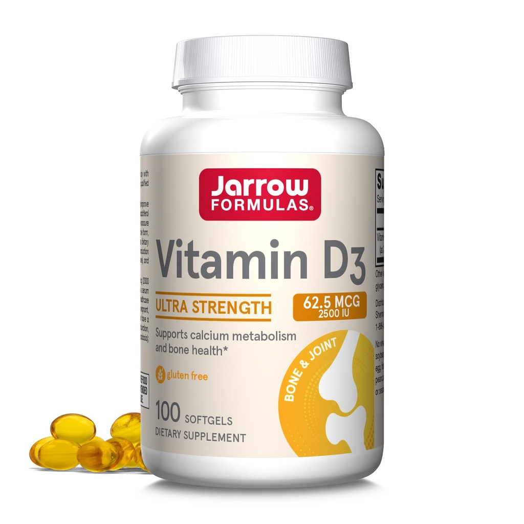 Jarrow Formulas Vitamín D3 62, 5 μg (2, 500 IU) - 100 Servis (Softgels) - Zdravie kostí, Imunitná podpora a podpora metabolizmu vápnika - Vitamín D doplnok - D3 Vitamíny - 2500 Vitamín D - bez lepidla