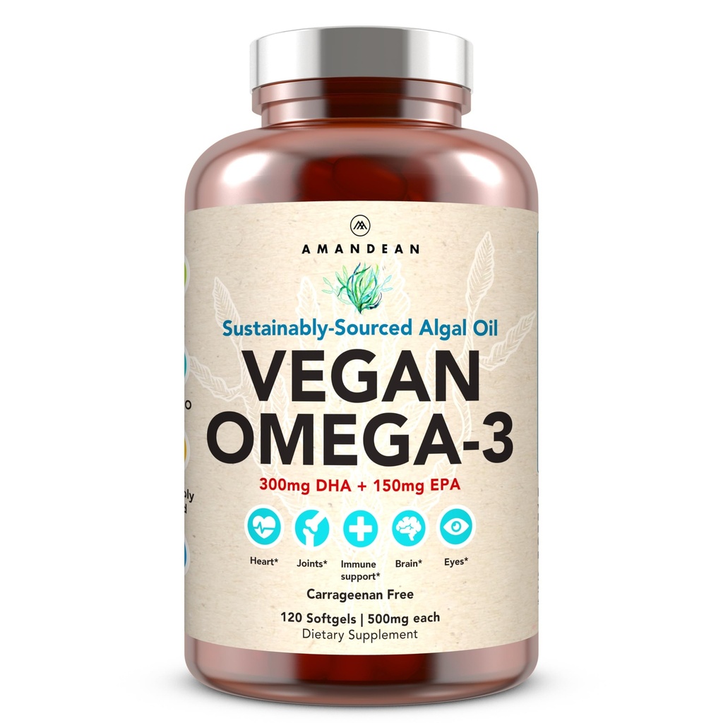 AMANDEAN Vegan Omega 3 doplnok. Premium Fish Oil Alternative. Riasy DHA a EPA. Carragenan Free Softgels. Algal Essential Mastné kyseliny. Srdce založené na rastlinách, mozog, oko, koža, imúnna podpora.