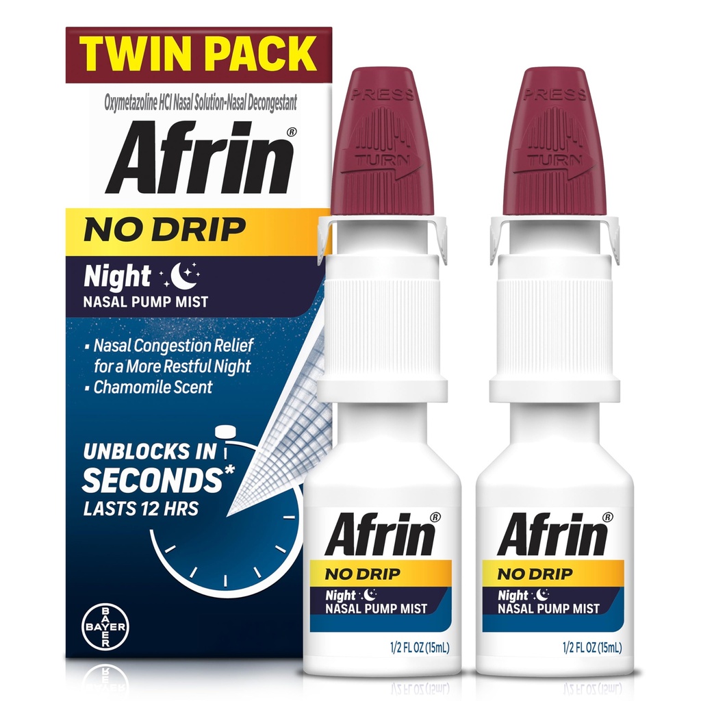 AFRIN Noc drip nosal Mist Twin Pack, non-Drowsy, Fast-Acting Decongestant pre pokojný spánok s harmančekovou vôňou, dospelí a deti 6 a starší, .5 fl oz (Pack of 2)