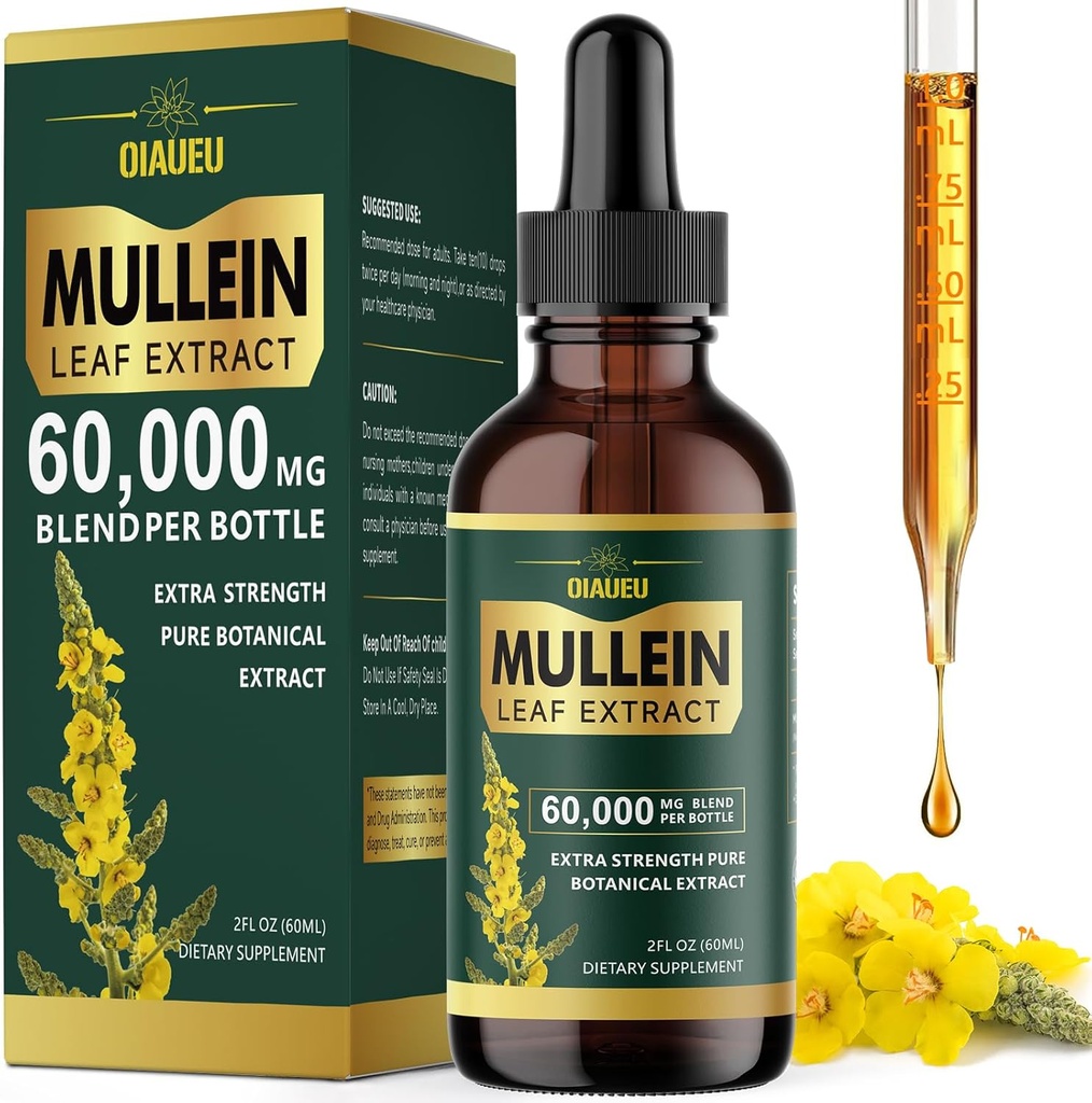 Organické Mullein kvapky pre Pľúca, Mullein Leaf Tincture Support Pľúcne čistenie, Prírodný doplnok Tekutý extrakt pre Lung Detox a respiračné zdravie, Vegan, 2 fl oz