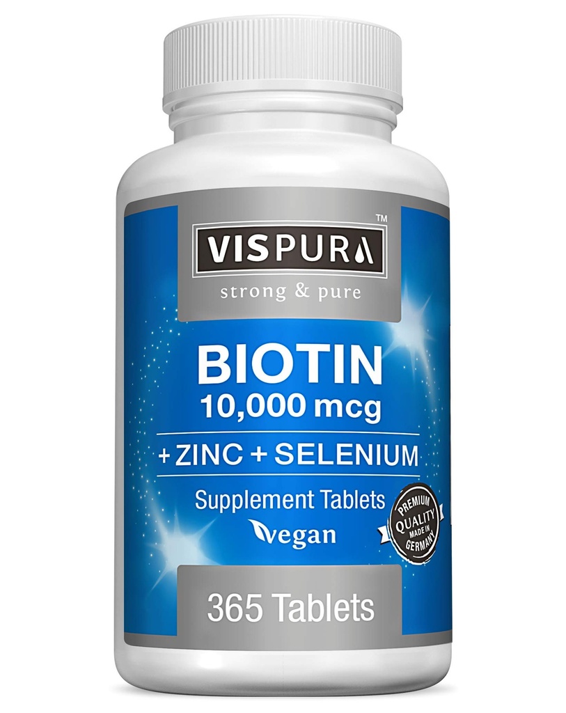 Biotín 10000 mcg + zinok + selén, Pure, Vegan a extra silný, Najlepšie doplnok pre rast vlasov, žiariaca koža, silné nechty*, 365 tabliet po dobu 12 mesiacov, prírodné bez prídavných látok
