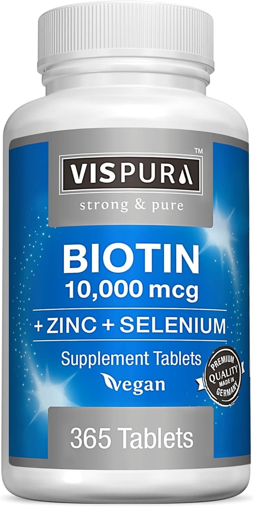 Biotín 10000 mcg + zinok + selén, Pure, Vegan a extra silný, Najlepšie doplnok pre rast vlasov, žiariaca koža, silné nechty*, 365 tabliet po dobu 12 mesiacov, prírodné bez prídavných látok