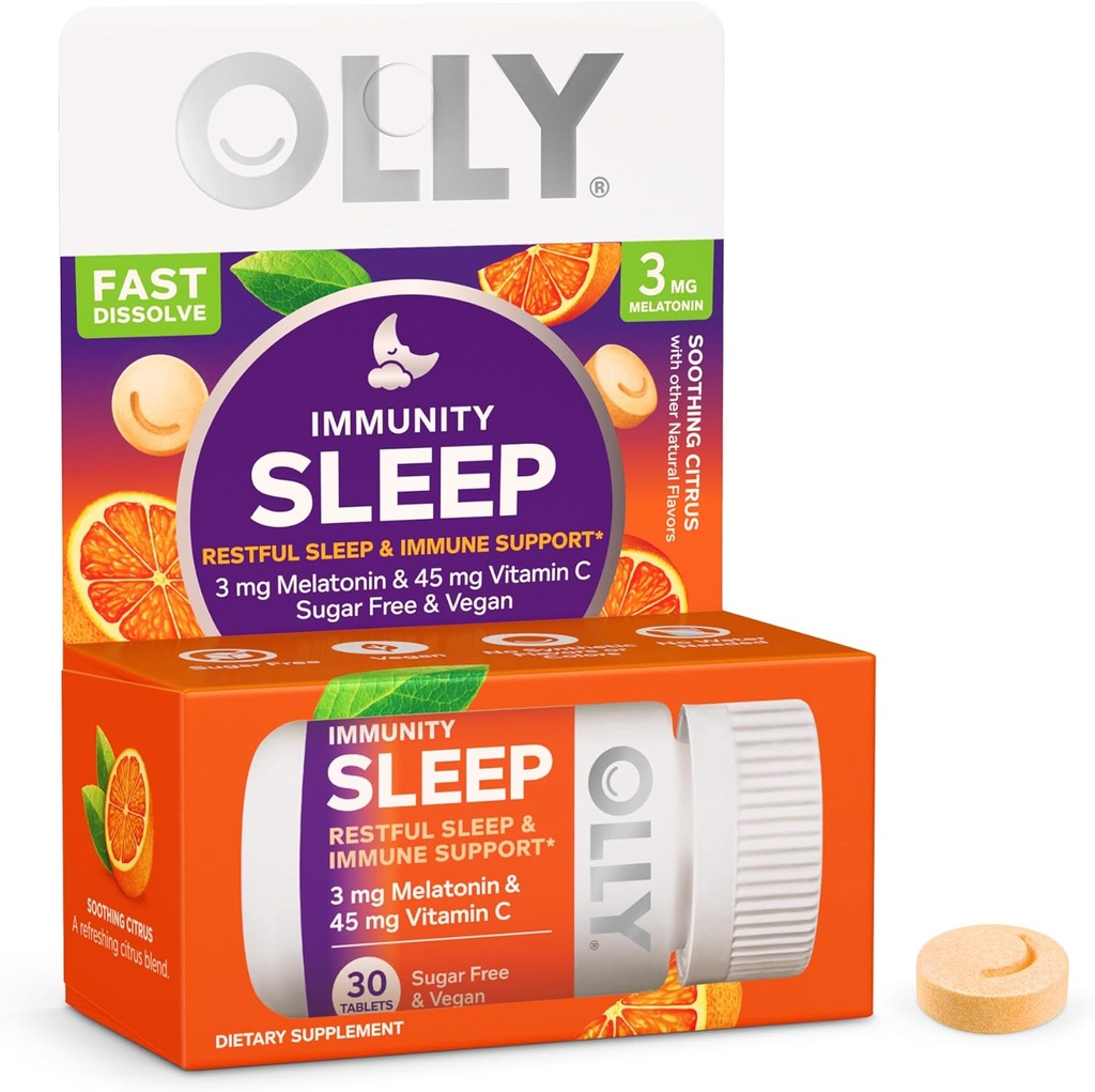 OLLY Imunitný spánok sa rýchlo rozpustí, 3mg melatonínu, vitamínu C, Citrus Flavor, 30 dní dodávky - 30 Počet