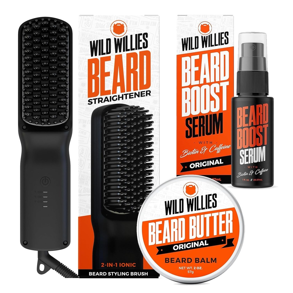 Wild Willies Care Sada starostlivosti: Vyhrievané Vyrovnávanie brada pre mužov, Bradačie maslo, a brada rastové sérum - Ultimate Grooming Tool Set, Brada Balm, Hydratačné sérum, Hot Comb Brada štetec pre každodenné použitie