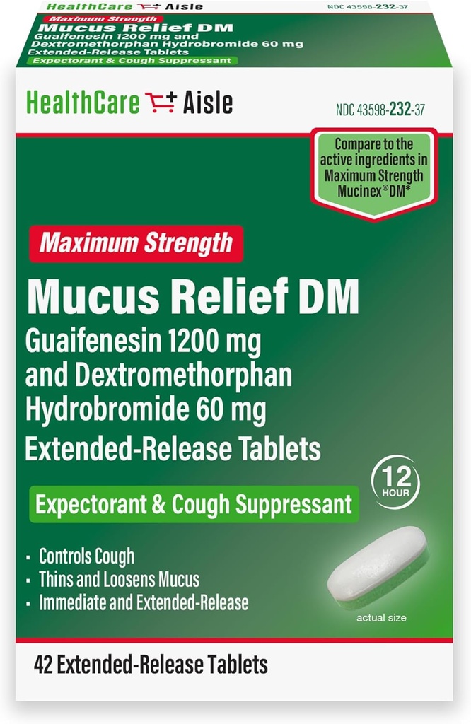 HealthCareAisle Guaifenesin 1200 mg Dextrometorfan Hydrobromid 60 mg tablety s predĺženým uvoľňovaním - 42 gróf - Muscus Relief Explorant and Cough Supresant Formulated for Chest Congestion Relief
