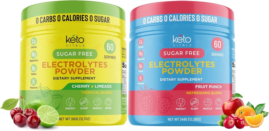 Keto Vitals Cherry Limeade Bundle s ovocným punchom - 2 balenia Bundle Keto Electrolytes prášok - Keto-Priateľne Electrolytes s draslíkom, horčík, sodík, vápnik - Cherry Limeade & Fruit Punch