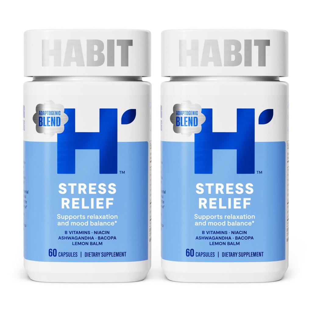Habit stres úľava doplnok 2 balenie (120 kapsule) - Nový vzhľad, podporuje relaxáciu a vyváženie nálady, vitamín B, adaptogény, citrónový balzam, upokojujúce, Vegan, non-GMO