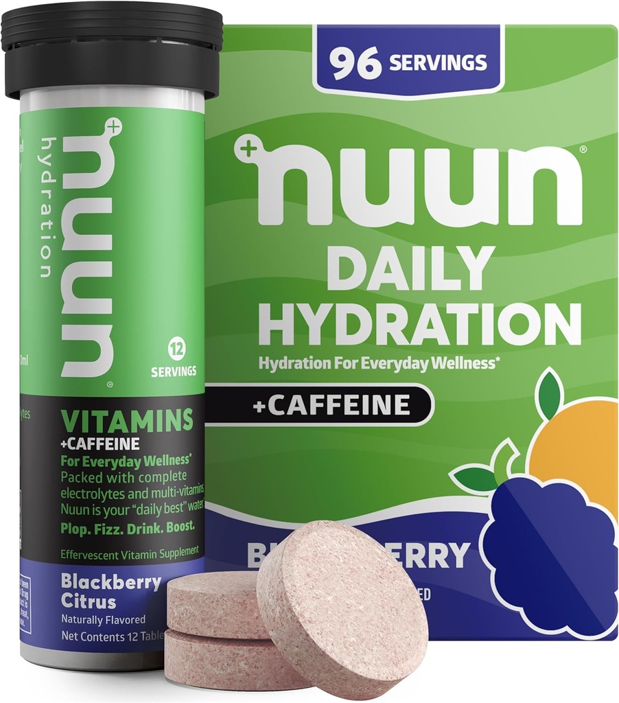 Nuun Vitamíny + kofeín Electrolyte Tablety s vitamínom D, C, E, A, & B6, kyselina listová, horčík & 4 Ostatné esenciálne elektrolyty, Gluten Free & Vegan, Blackberry Citrus, 8 Balenie (96 Servings celkom)