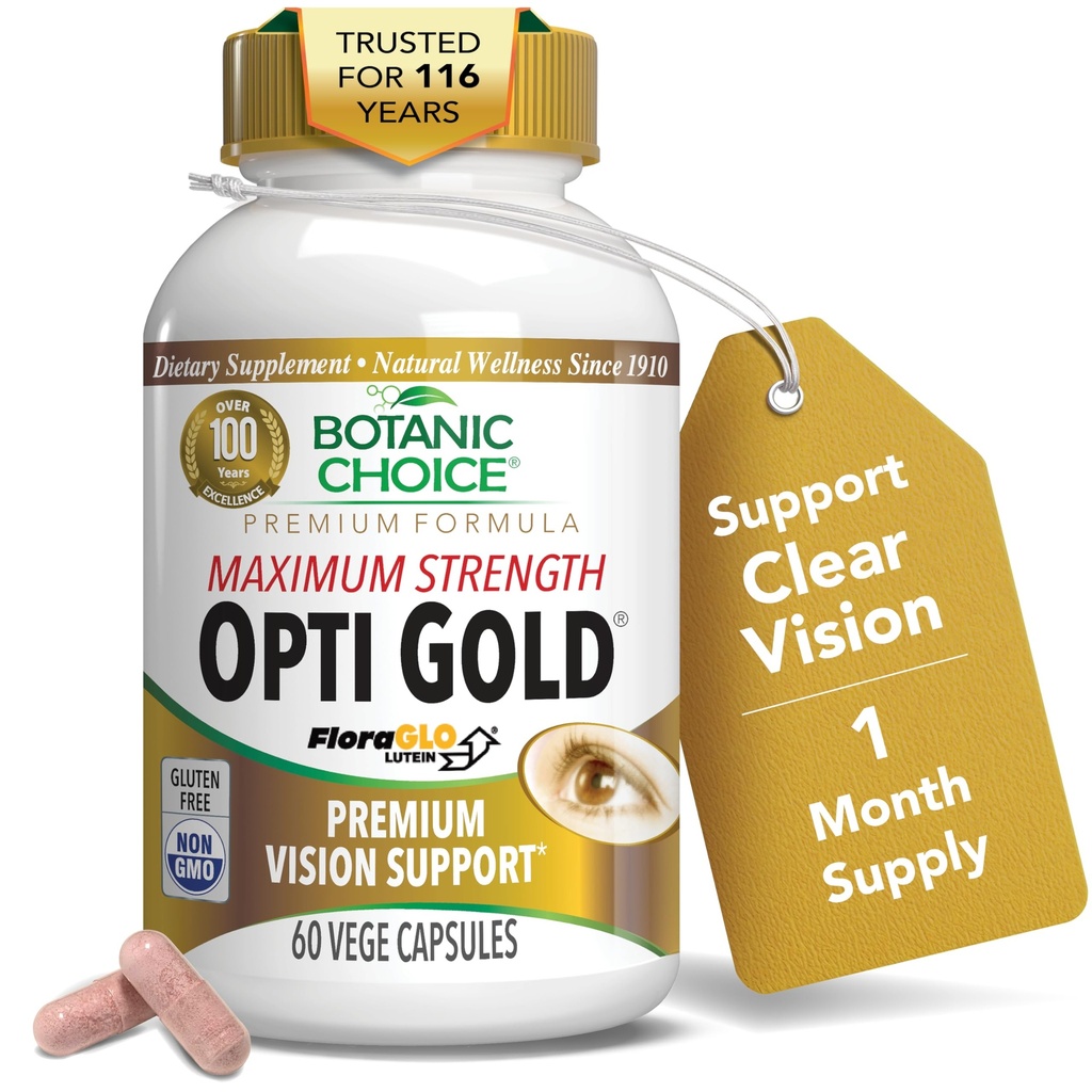 Botanická voľba Maximálna sila Opti Gold Vision Očná podpora Zdravie Doplnok pre celkový zrak Zdravie pre mužov a ženy - Taurín, vitamín A, luteín, čučoriedky, Alpha Kyselina lipoová (60 kapsúl)