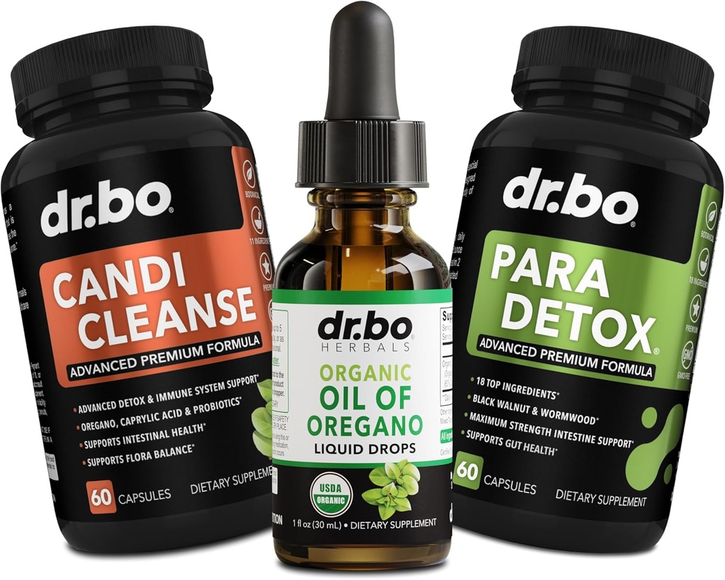 Oregano Oil Organic Liquid Drops & Cleanse Capsules - Organic Oil of Oregano Drops Tinture Extract, Candi Cleanse Detox - Kyselina kaprylová, Wormwood Black Walnut & Cloves Capsules