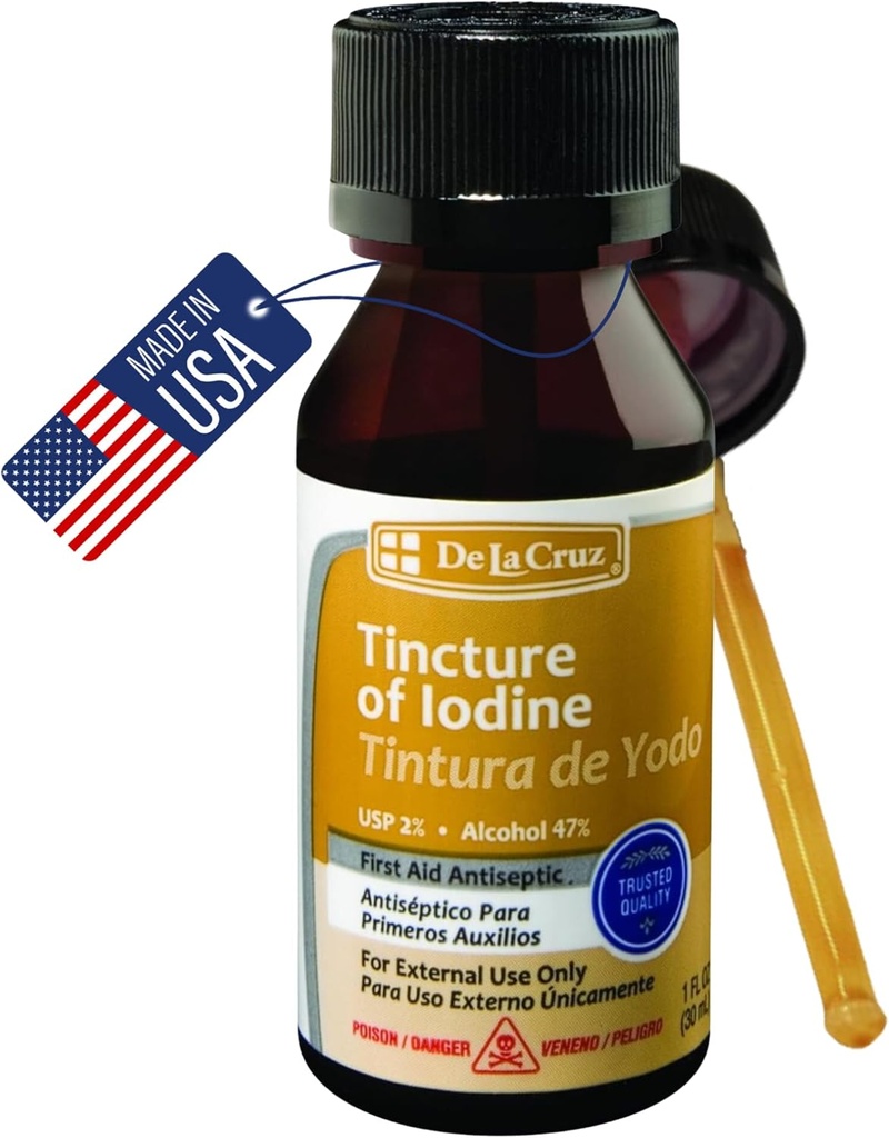 De La Cruz 2% Iodine Prvá pomoc Antiseptik, Made in USA 1 FL OZ (1 fľaša)