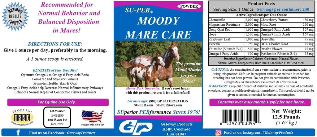 SU-PER Moody Mare Care Powder - Bylinné kone koní doplnok s čerešňami a Maca koreň - 12,5 libier