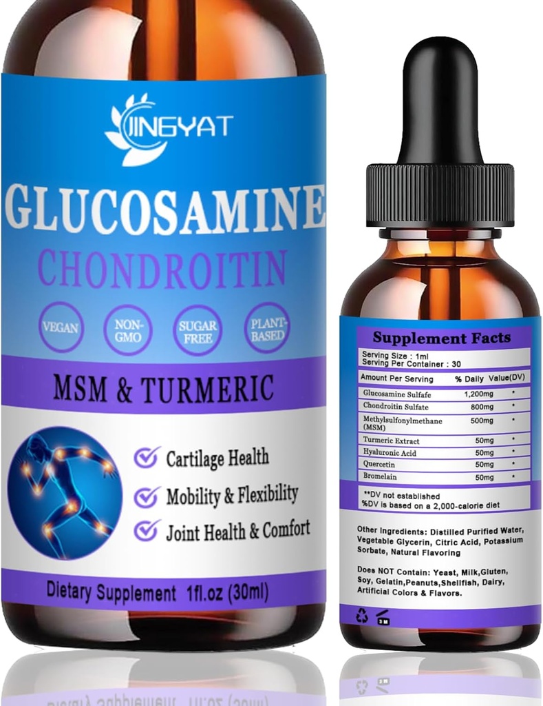 Glukozamín Chondroitín Tekuté kvapky 2000 mg, Lipozomálne Glukozamín Chondroitín MSM, Chondroitín & Glukozamín Výživové doplnky w/Turmerický extrakt, kyselina hyalurónová, Quercetin a hypromelóza