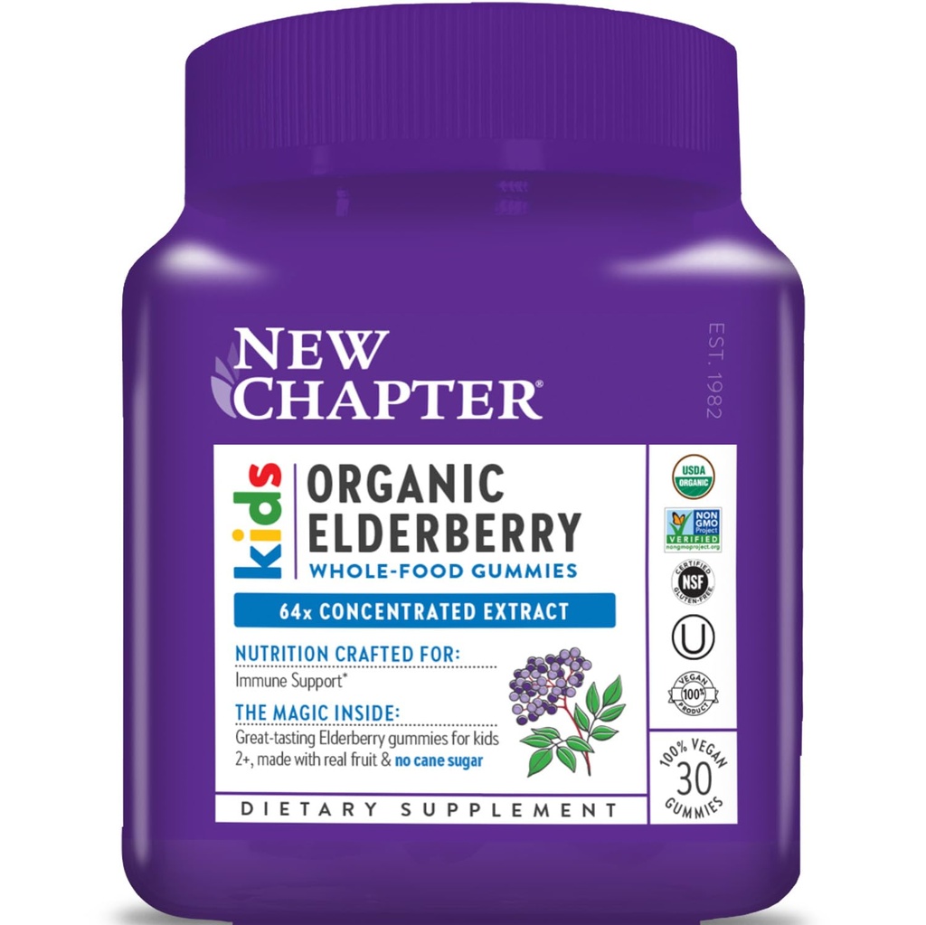 Nová kapitola Staršie plody Gumičky pre deti 2+, USDA Organic,64x Koncentrované čisté plody pre imunitnú podporu,Veľké ochutnávky celých potravín Gumies, Vegan & Non-GMO, 30 ot