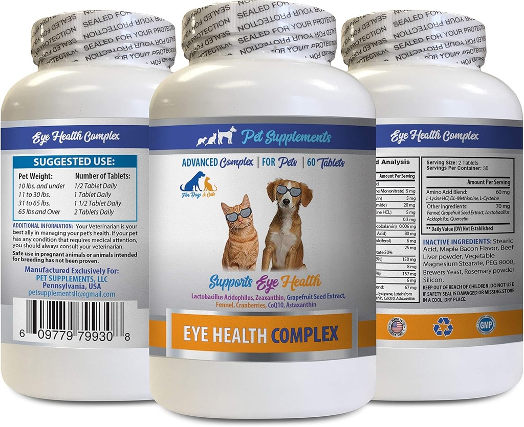 Psie očné vitamíny - PET očné zdravotné komplex - Psy a mačky - podporuje očné videnie - astaxantín pre psy, Očné videnie doplnok pre psy a mačky, Očné zdravie Vitamíny luteín a zeaxantín 1Bot 60Tabs