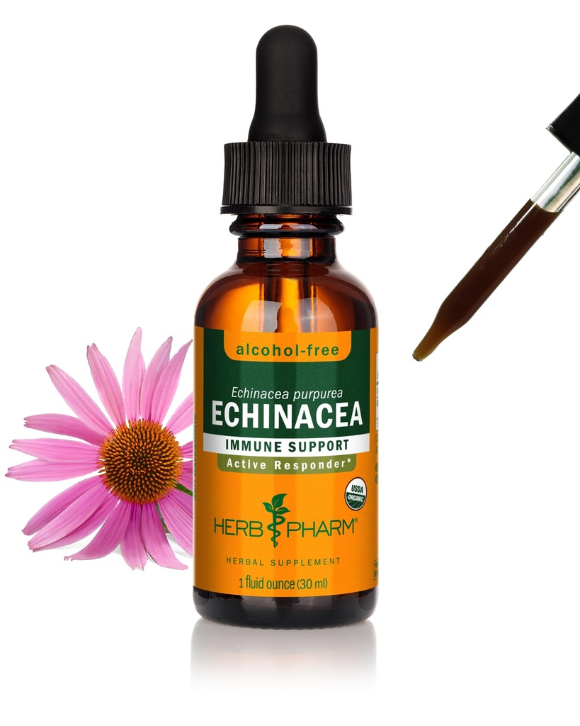 Herb Pharm Organic Echinacea Root Extract, bez alkoholu: Immune System Support for All Seasons, Fast-Acting Echinacea Plant Supplement, non-GMO, Vegan & Gluten-Free, 1 Oz