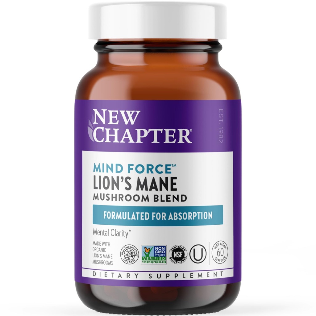 Nová kapitola Lion's Mane + Reishi Huba - LifeShield Mind Force for Mental Clarity with Organic Reishi Mushroom + Vegan + Non-GMO, Nootropic Ingredients - 60 ct