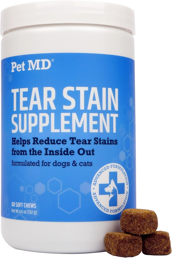 Pet MD Dear Stain Remover for Psy & Mačky - Antioxidant Očná starostlivosť Supplement with Lutein, Cranberry, & Omega 3 & 6 - Cat & Dog Tear Stain Remover Chews for White & Light Fur - 60 ct