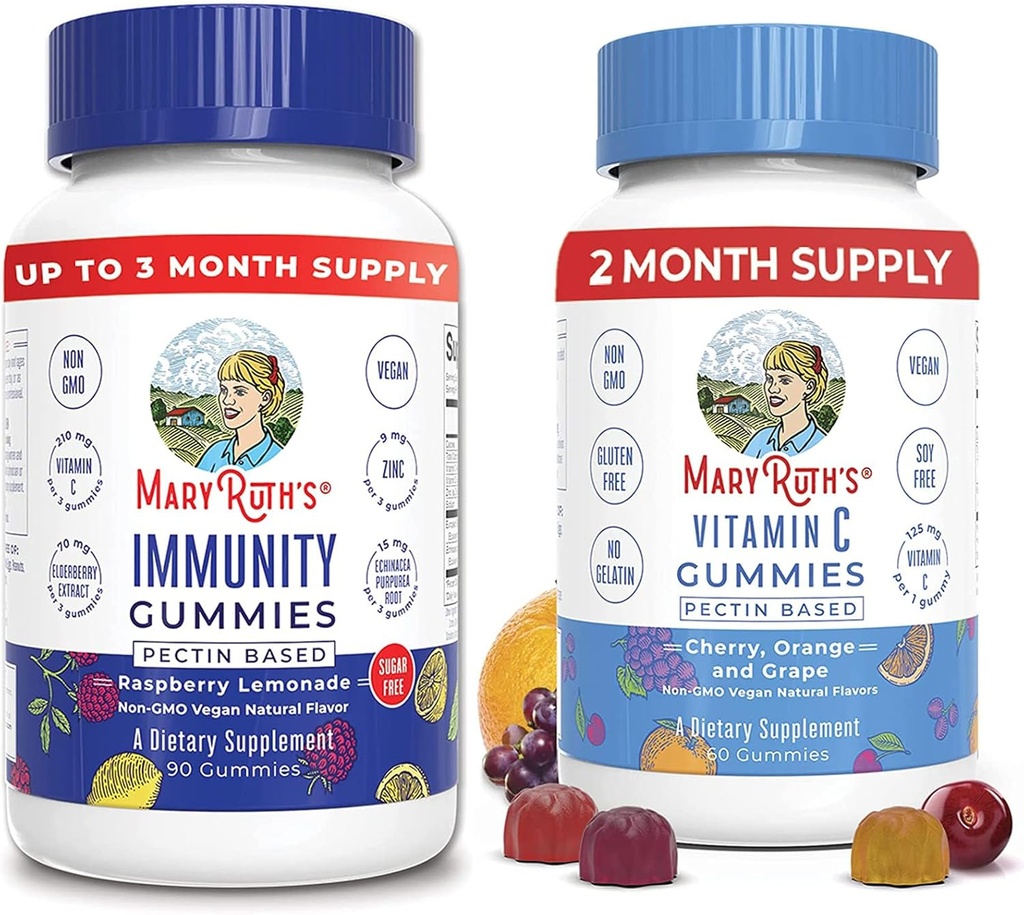 MaryRuth Organics Elderberry Gummies for Immune Support (Cugar Free) & Vegán vitamín C Gumies Bundle 