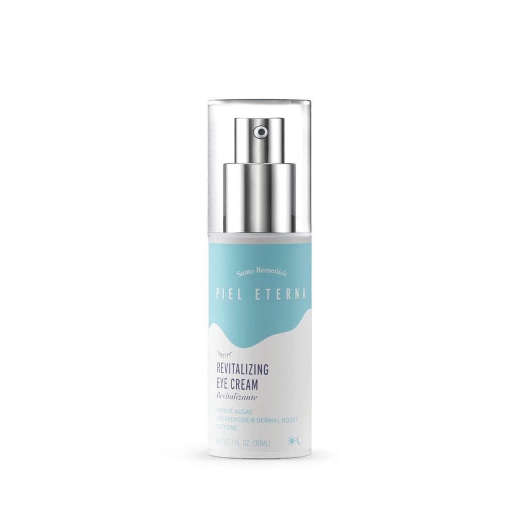 Santo Remedio, Piel Eterna, Revitalizing Eye Cream, Iluminating Eye Cream, pomáha znížiť tmavé kruhy, obsahuje Marina Algae, kofeín, Aloe, kyselina hyalurónová, vitamín E, pre všetky typy pleti, 1 Fl. Oz.