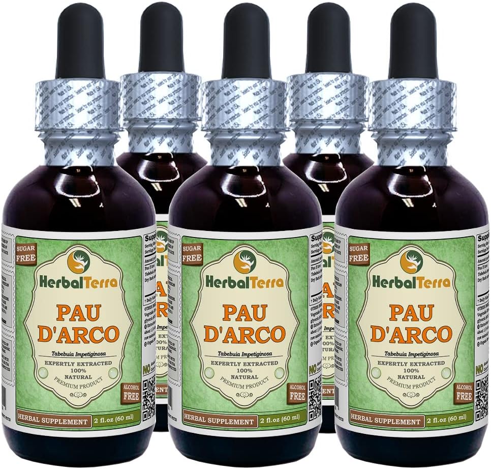 PAU d'arco (Tabebuia Impetiginosa) Glycerit, sušená kôra Bez obsahu alkoholu Tekutý extrakt (nazývaný brad: HerbalTerra, hrdo vyrobené v USA) 5x2 fl.oz (5x60 ml)
