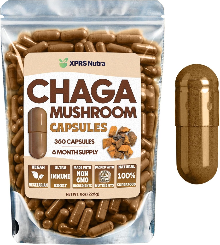 XPRS Nutra Chaga Mushroom Kapsule - Premium USDA Chaga Huby Kapsule- Zapuzdrené Chaga Huba Powder pre Imunity Boost - Vegan Friendly Superfood pre Chaga čaj a nápoje - 360 gróf