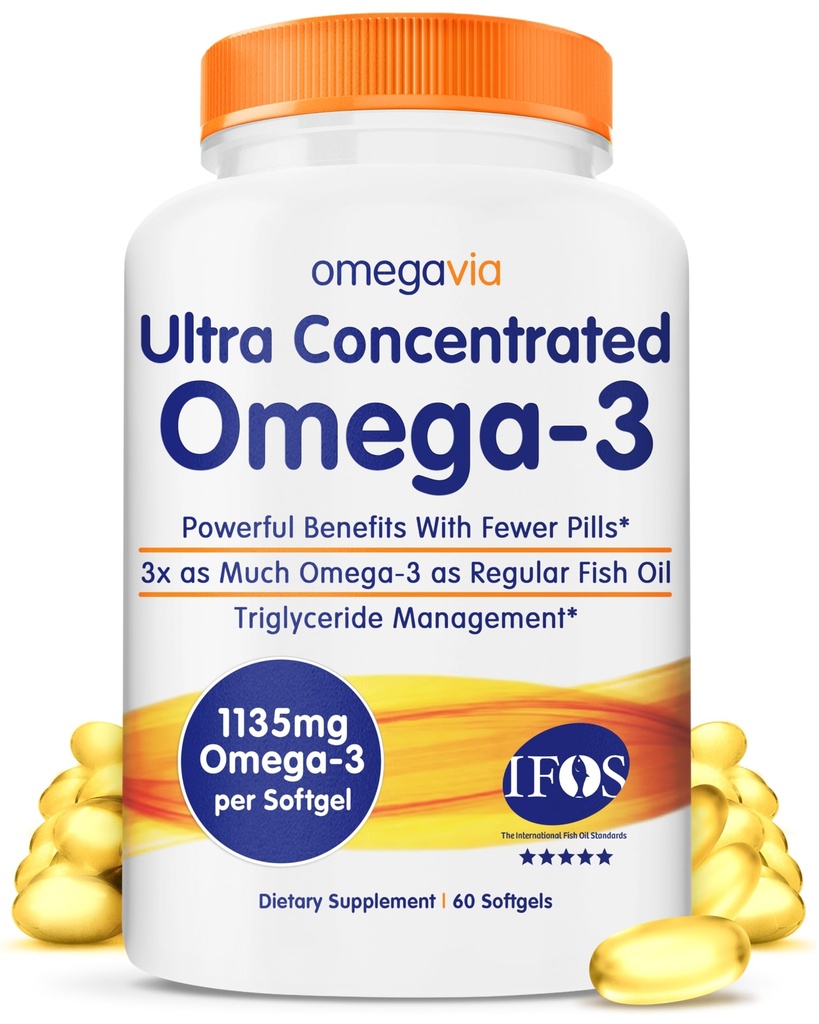 OmegaVia Ultra Concentrated Omega 3 Fish Oil Burples, 60 Softgels, Triple Strength Omega 3 Fish Oil Supplements, 1135 mg Pure Omega3, No Fishy Burps, High EPA DHA DPA, IFOS 5-Star