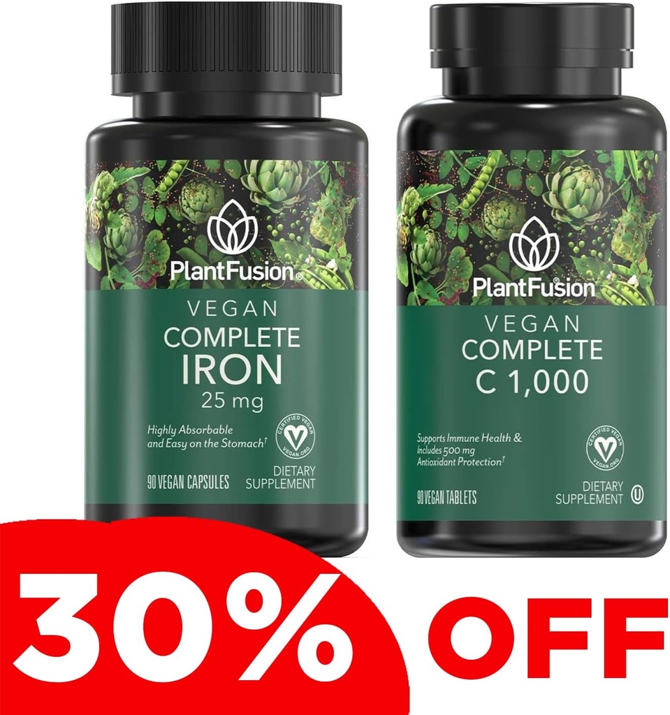 PlantFusion Vegan Železo a vitamín C Bundle - Premium Rastlinné železo 25 mg a vitamín C 1000 mg pre zdravé energetické hladiny a imunitné zdravie Podpora