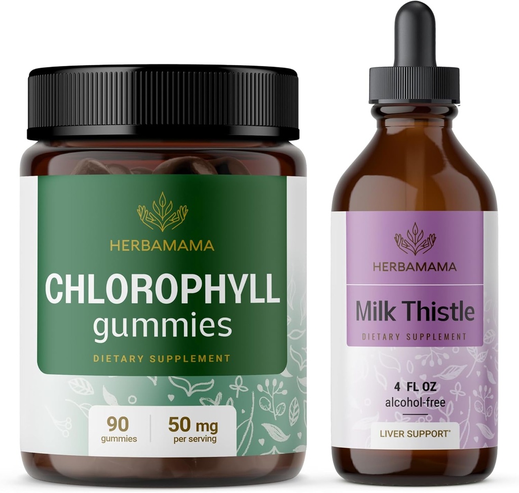 HERBAMA Chlorofyl a mlieko kit - kôpka 50 mg Chlorofyl Gummies & Milk Thitle Extract Tincture 4 fl oz - Vegan, non-GMO, cukor a alkohol - 2 balenia
