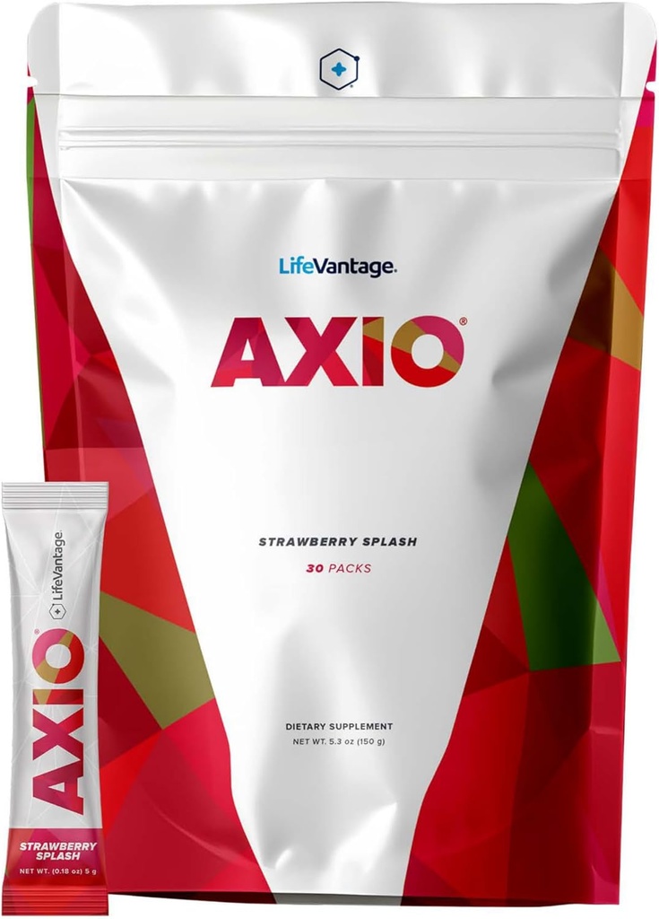 LifeVantage AXIO regular Energy Drink Powder, Nootropic Supplement, Focus & Mood Support, with L-theanine, Green Tea, B Vitamíny, DMAE, Quercetin & Pine Bark, Strawberry Splash, 30 paketov