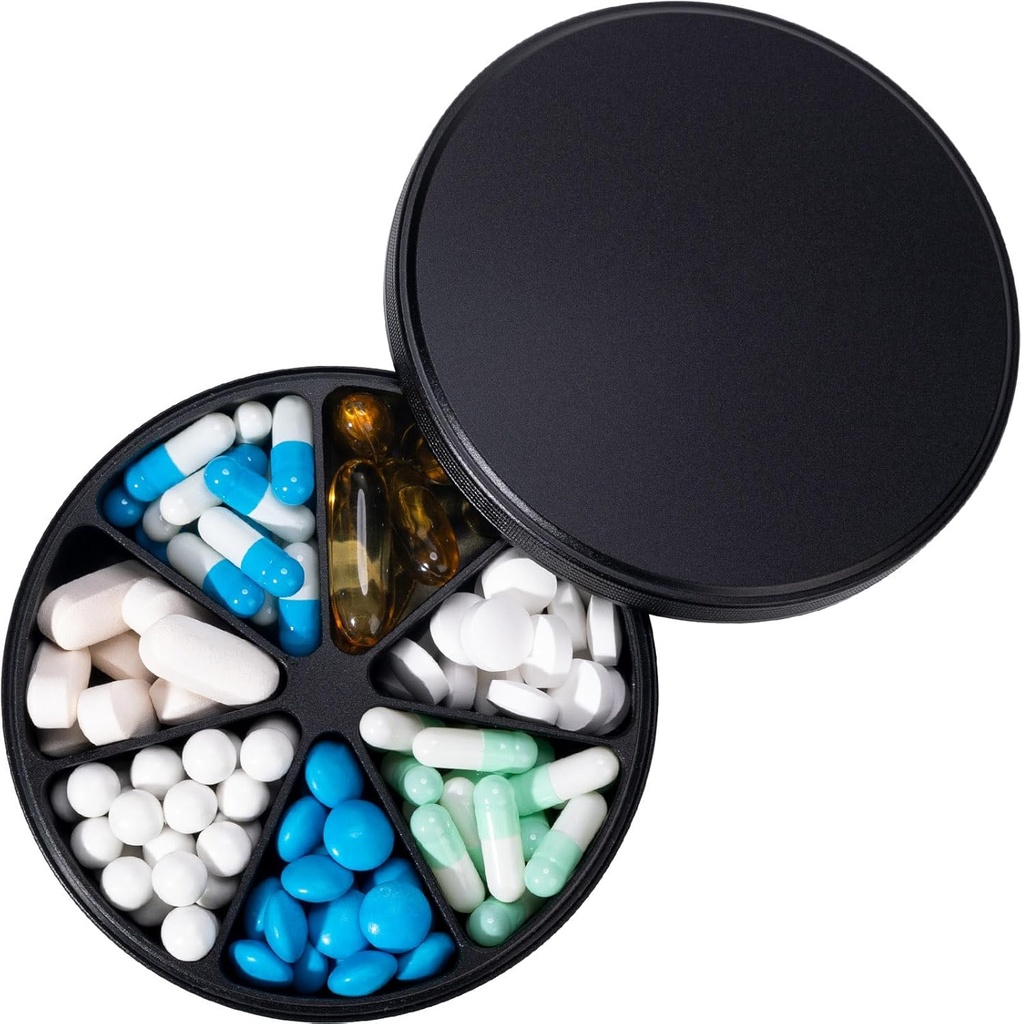 Kovové pilulky Dispenser Organizátor pilulky so 7 oddeleniami - Heavy Duty Anti-Mix pilulky Kontajner, veľké vodotesné denné pilulky Box pilulky Prípad pre vitamín, Medicína, Supplement, Rybí olej, 0.39lb (čierna)