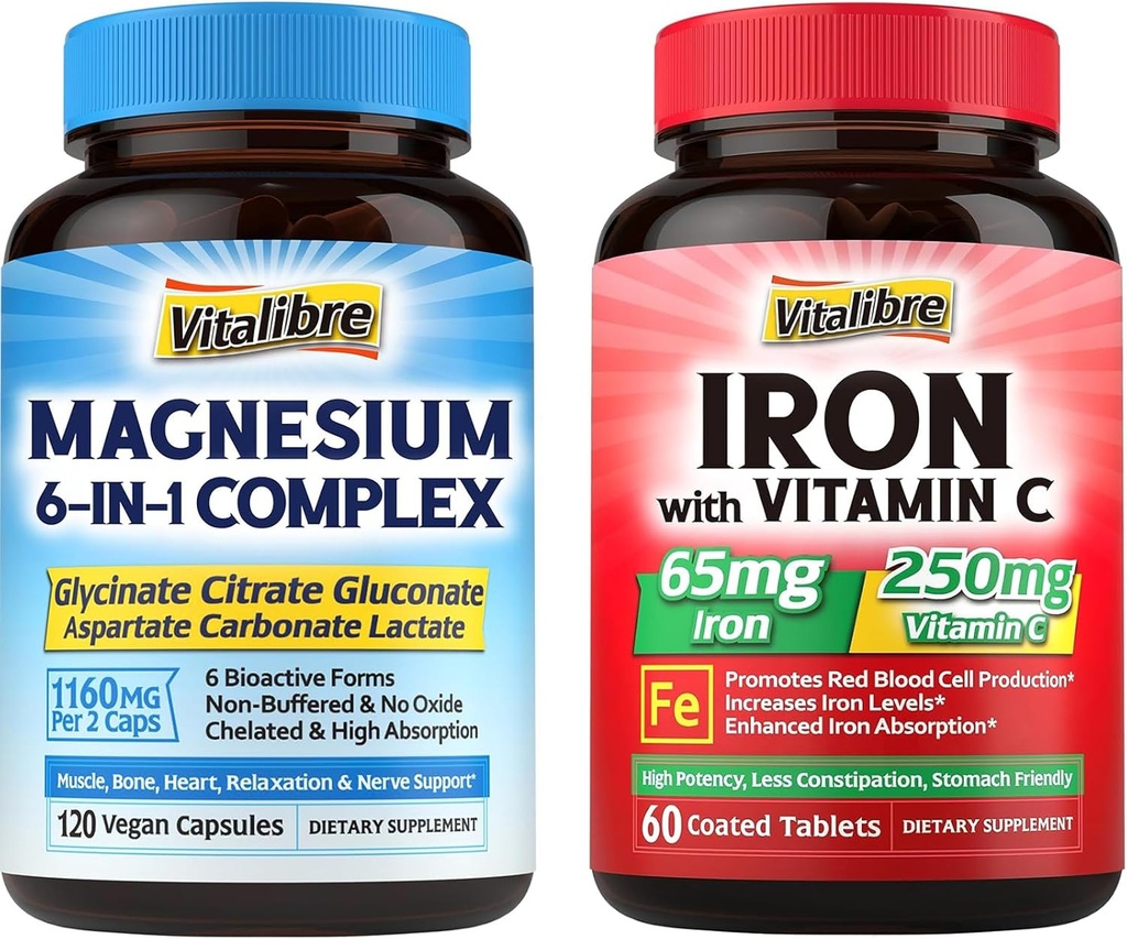 Iron Supplement with Vitamin C 60 Tablets & 6 in 1 Magnesium Complex Supplement 120 Capsules