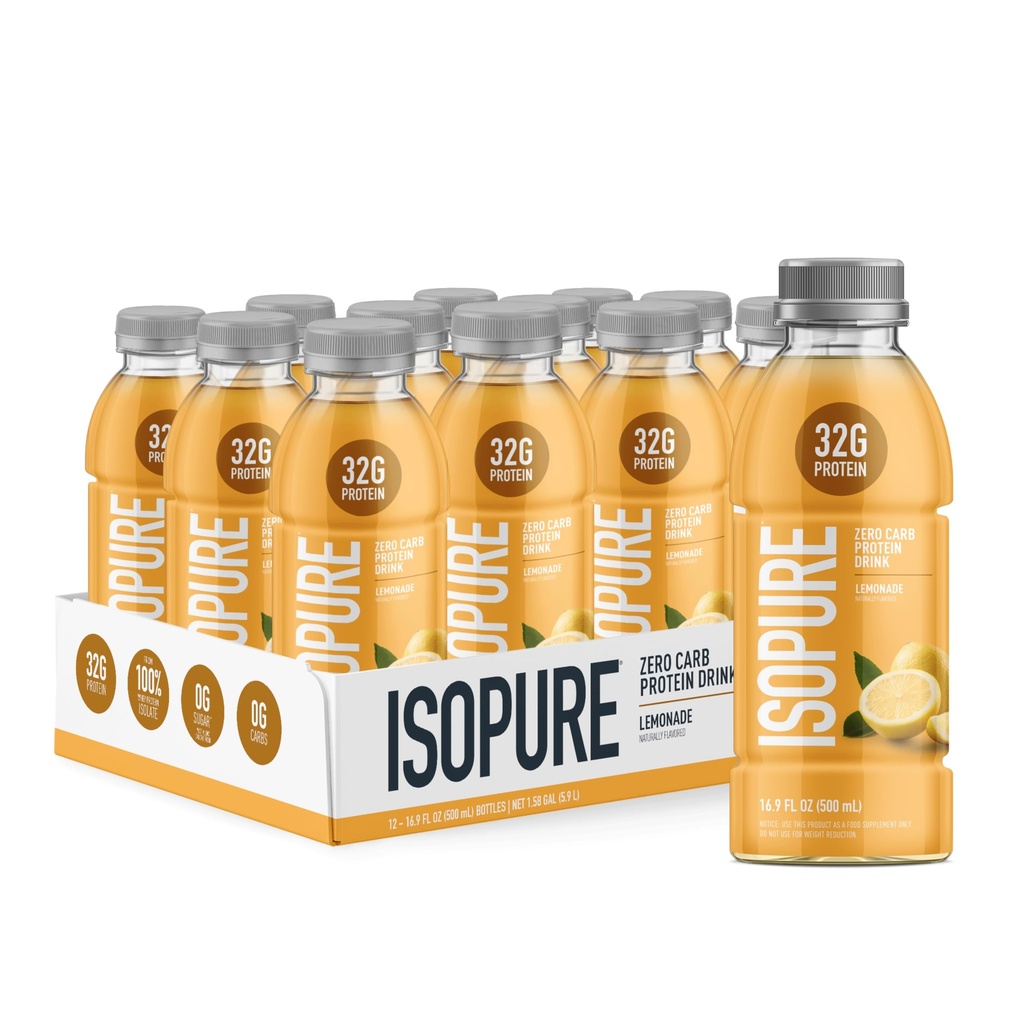 Isopure Zero Carb 32g Clear Protein Ready-to-Drink, Wheey Protein Isolát, Lemonade, 12 Pack (Backaging May Vary)