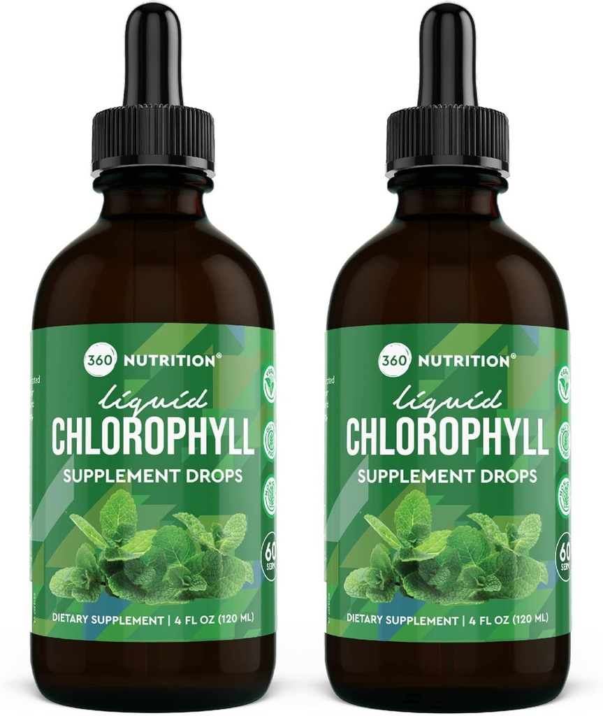 360 Nutrition Chlorofyl Liquid Drops with Peppermint Oil, GF & Vegan Body Internal Deodorant Supplement, Supports Gut Health, Digestion, Energy, Radiant Skin, Rýchla absorpcia (4 Fl Oz (2 Počet))