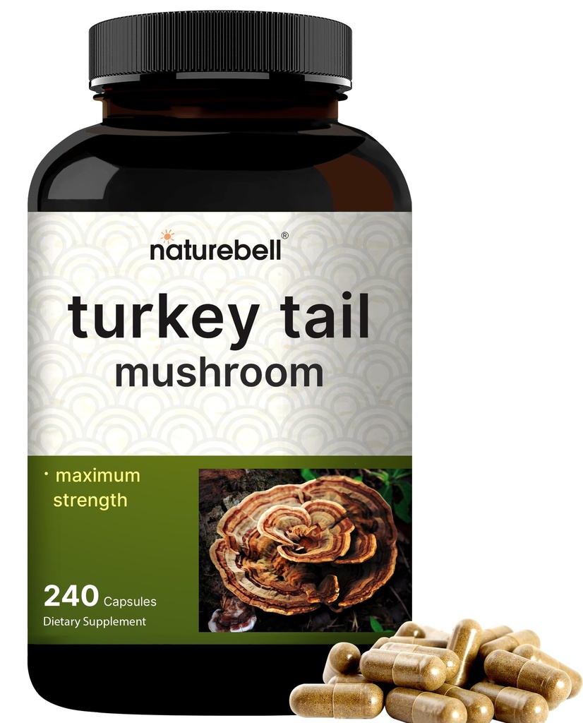 NatureBell Turkey chvost Mushrom Capsulas 15,000mg Per Serving, 240 Gróf 25:1 Ovocné telo & Mycélium Extract 