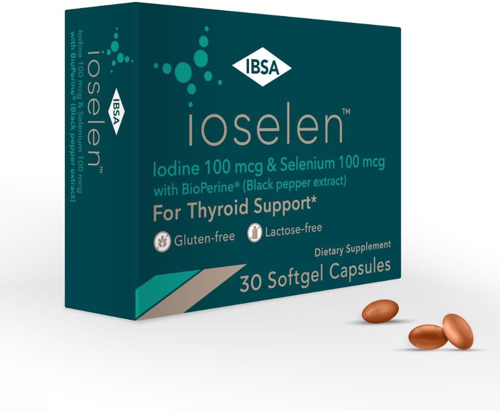 Ioselen - Podpora štítnej žľazy Doplnok 100 mcg Selenium, 100 mcg Iodine, 5mg BioPerine - 30 Soft-Gel Caps pre zvýšenie biologickej dostupnosti a absorpcie - Gluten-Free, Laktóza-Free, bez cukru, non-GMO